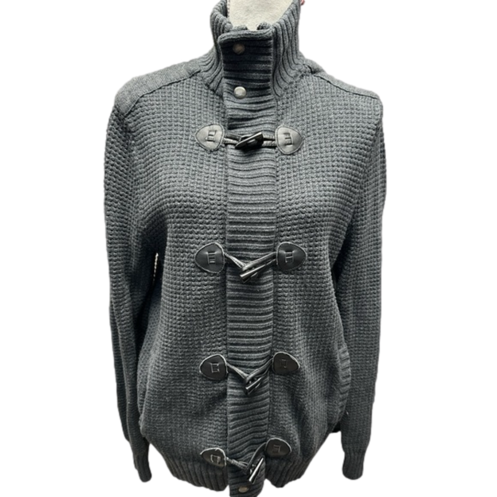Express  Dark Academia Zip Toggle Knit Cardigan Elbow Patch Sweater Grey …